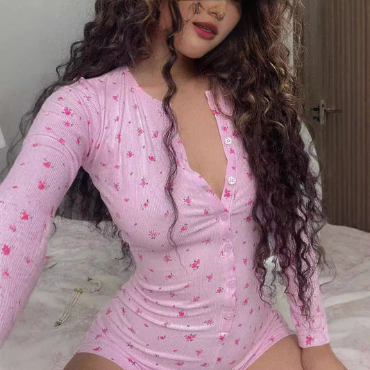 Mono informal con estampado floral y escote en V para mujer, con doble botonadura, manga larga, sexy, ajustado, para estar en casa, pantalones cortos a la cadera