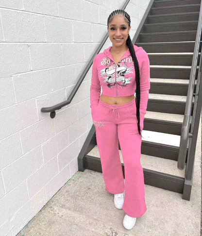 Conjunto de dos piezas para mujer, cárdigan corto básico con cremallera y estampado de calavera y corazón de Brand Street, pantalones rectos de cintura alta