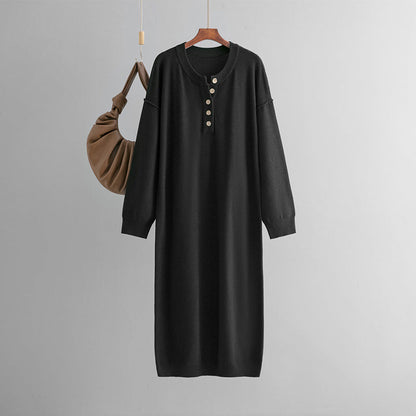 Autumn Winter Button Knitwear Dress Solid Color Loose Casual Sweater Women