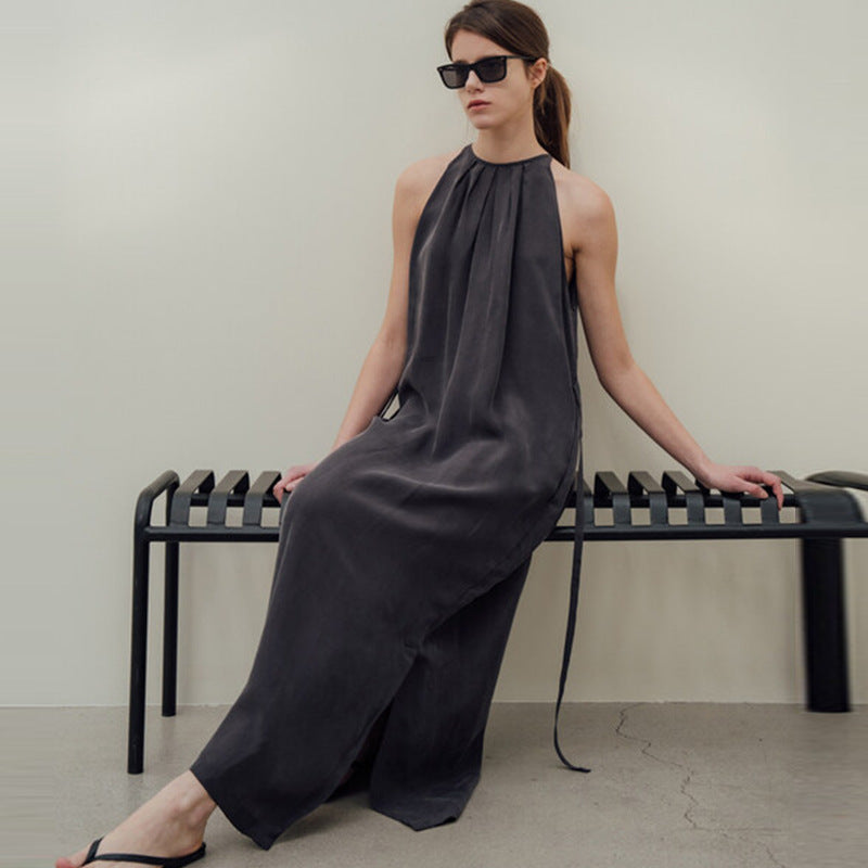 Breathable Halter Dress Twill Copper Ammonia Silk Lace up Design Loose Slimming Split Midi Dress