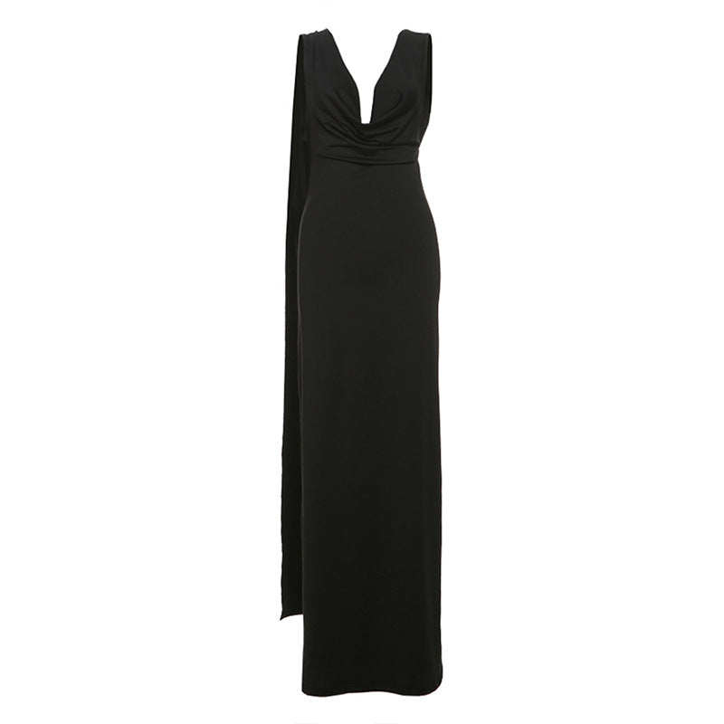 Women Clothing Autumn Winter Elegant Sexy Backless Evening Dress Pile Collar Solid Color Dress Women