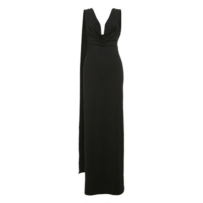 Women Clothing Autumn Winter Elegant Sexy Backless Evening Dress Pile Collar Solid Color Dress Women