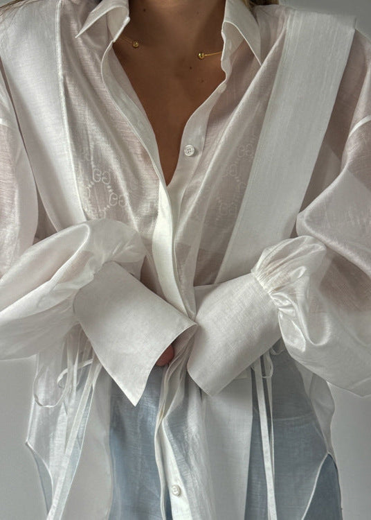 Rosette – Oversized Shirt with Ribbon-Tie Puff Sleeves