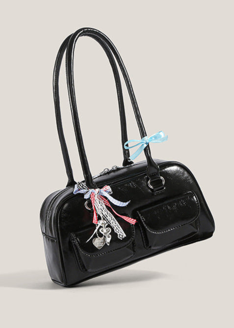 Violetta – Patent Shoulder Bag with Double Pocket & Ribbon Charms