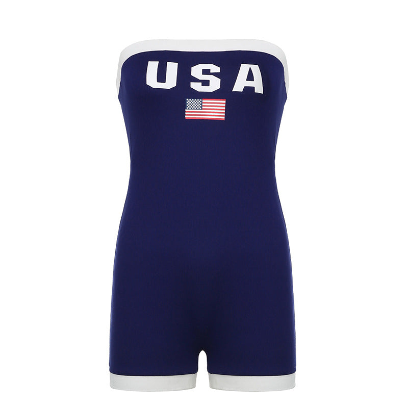 Sports Romper Summer Letter Graphic Print Contrast Color Horizontal Bra Tight Casual Jumpsuit for Women