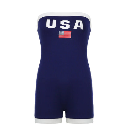 Sports Romper Summer Letter Graphic Print Contrast Color Horizontal Bra Tight Casual Jumpsuit for Women