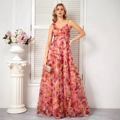 Vestido de fiesta elegante con escote en V y tirantes florales para graduación y noche