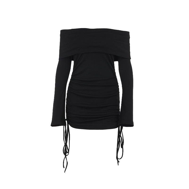 Autumn Socialite Elegant Sexy Slim off Shoulder Drawstring Bag Hip Dress Women