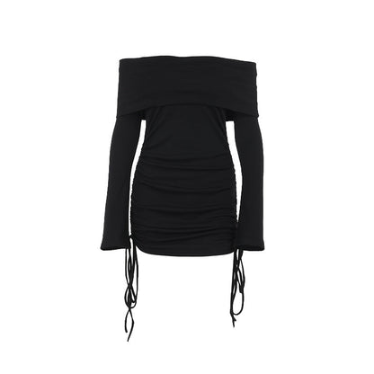 Autumn Socialite Elegant Sexy Slim off Shoulder Drawstring Bag Hip Dress Women
