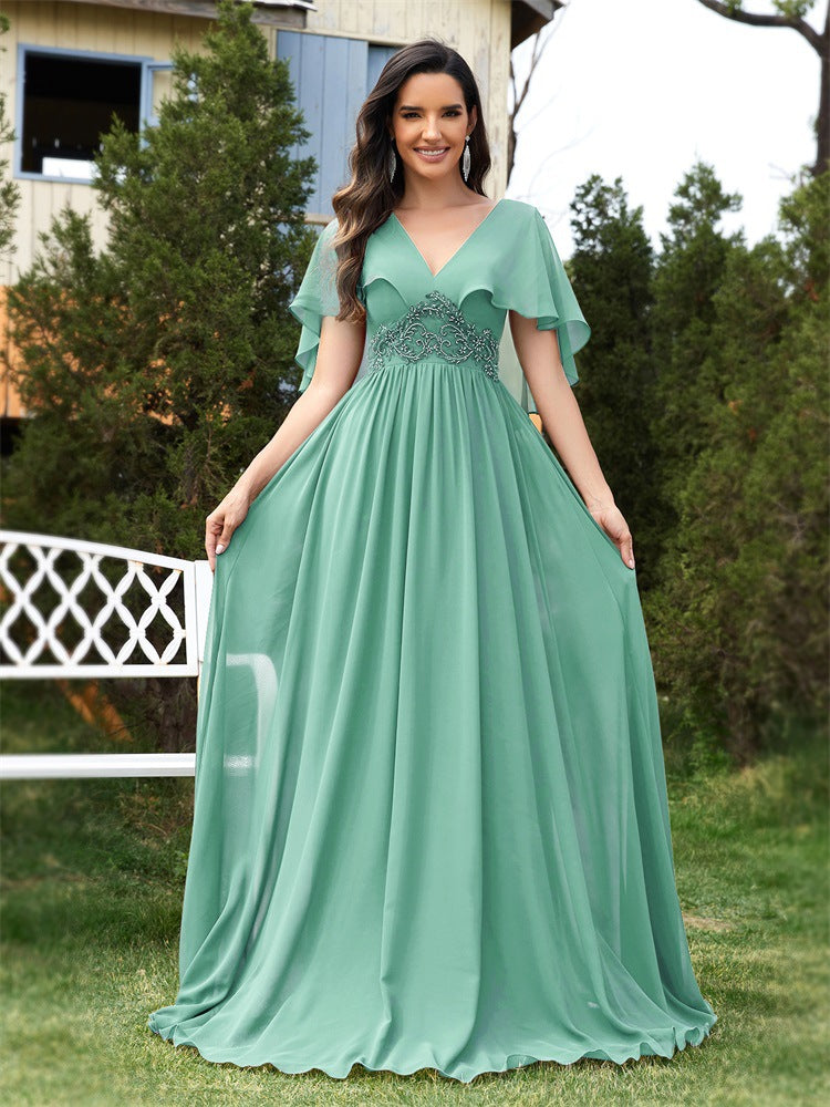 Vestido de noche verde de gasa con apliques, corte entallado, mangas acampanadas, vestido de dama de honor para cóctel para mujer