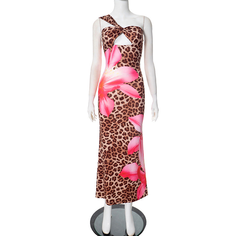 Autumn Leopard Print Hollow Out Cutout out Socialite Sexy Maxi Dress Women Clothing