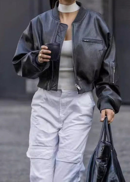Vera - Cropped Faux Leather Bomber Jacket
