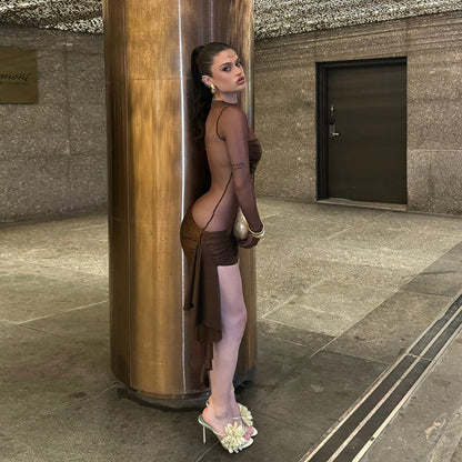 Vestido de otoño-invierno para mujer, sexy, de malla, con aberturas, plisado, cuello redondo, ajustado, de manga larga.