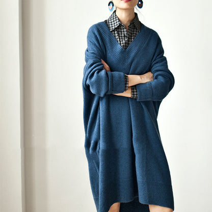 Autumn Winter Korean V Neck Sweater Mid Length Loose Sweater Women Pullover Thick Dress