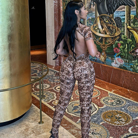 Autumn Winter Sexy Backless Slim Fit Leopard Print Personality Short-Sleeved Jumpsuit Women Clothing