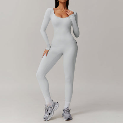 Beauty Back Nude Feel Long Sleeve Yoga Jumpsuit Slim Fit Running Fitness Sports One Piece Tights
