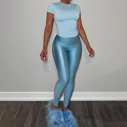 Ropa de otoño para mujer, cuello redondo, manga corta, cintura alta, pantalones adelgazantes, traje informal