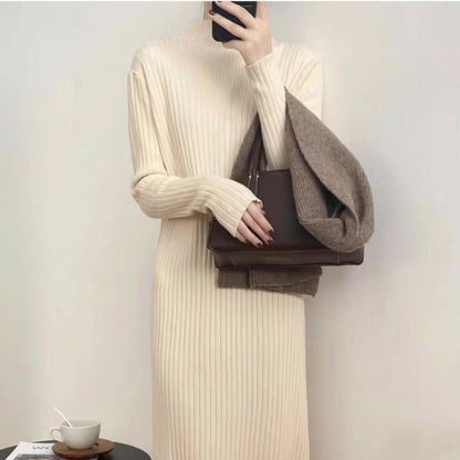 Autumn Winter Mock Neck Sweater Women Mid Length below the Knee Coat Base Ride Tassel Dress Swing Knitted Dress