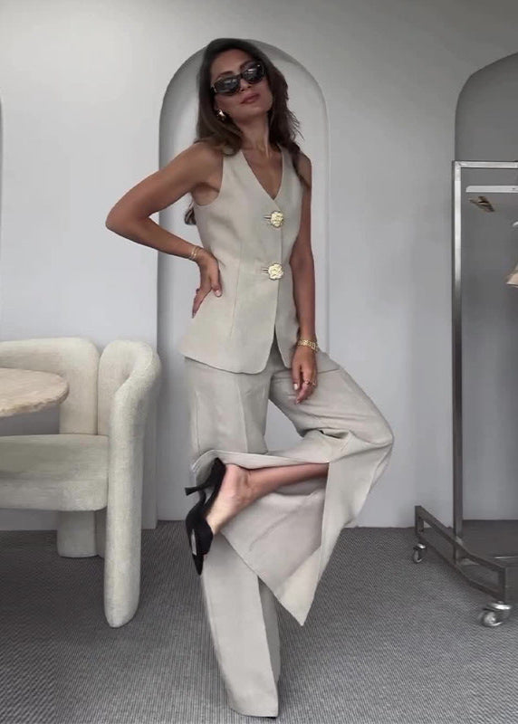 Valette Wide-Leg Set – Statement Button Vest & Linen Blend Trousers