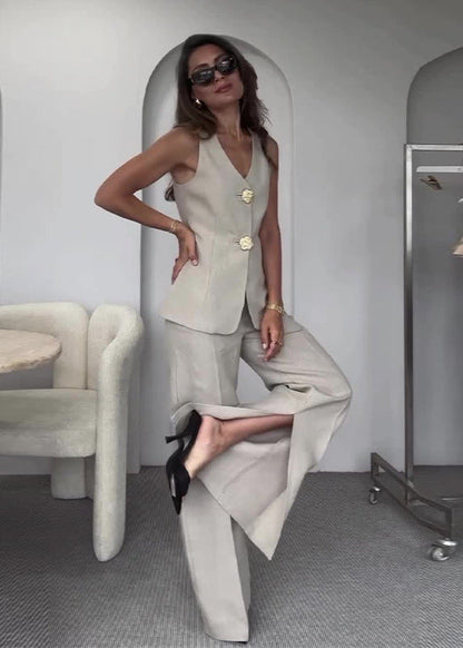 Valette Wide-Leg Set – Statement Button Vest & Linen Blend Trousers