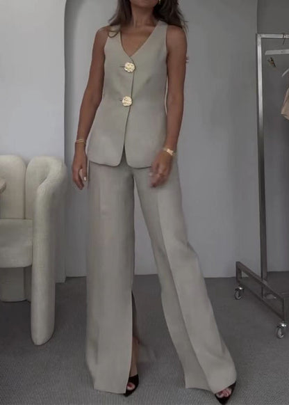 Valette Wide-Leg Set – Statement Button Vest & Linen Blend Trousers