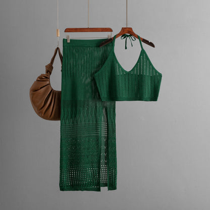 Women Clothes Short Summer Vest Top Two Piece High Waist Slimming Hollow Out Cutout Split Hip Skirt