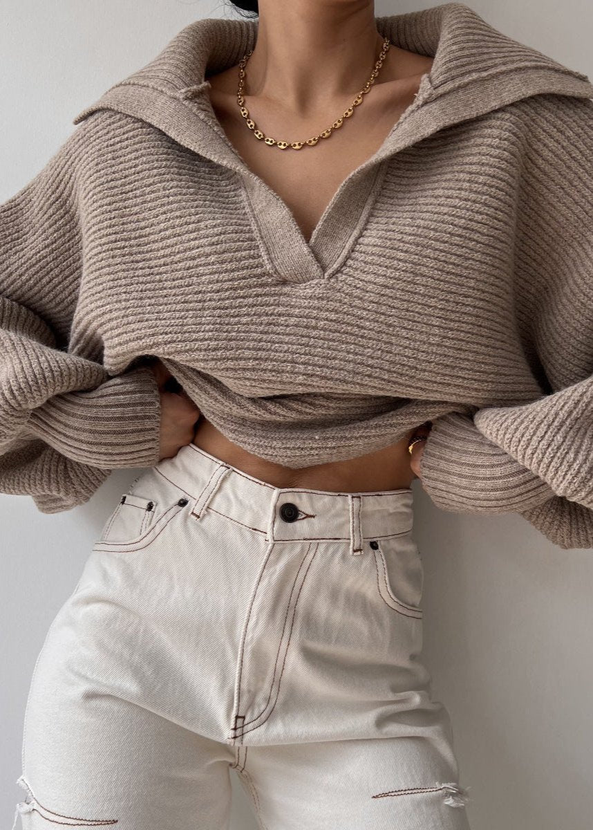 Oversized Ribbed Knit CollaRed Sweater