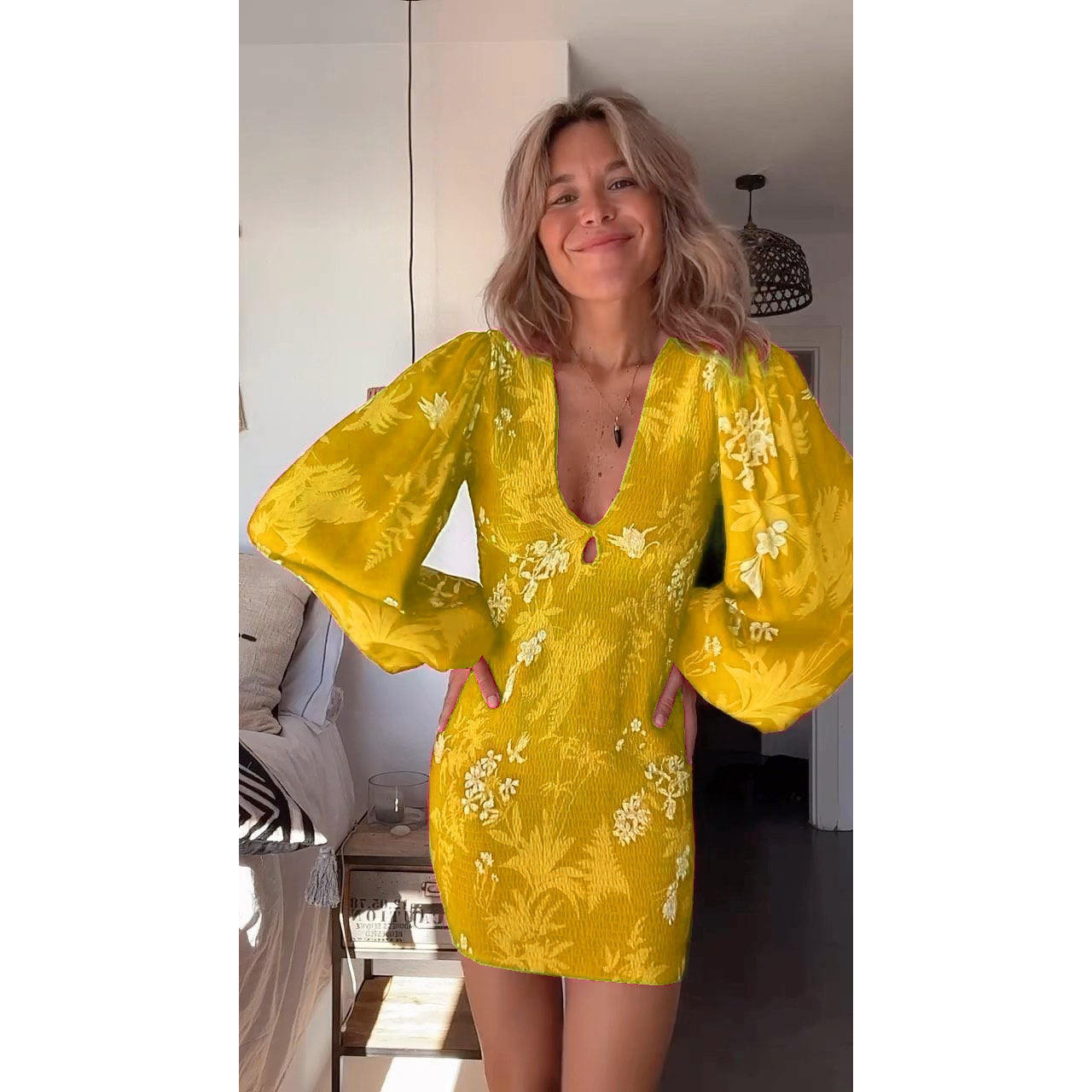 Spring Summer Pleated Long Sleeve Sexy V neck Dress Casual Loose Vacation Hip Dress