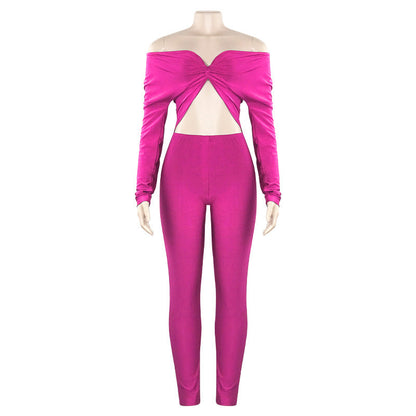 Autumn Solid Color V Neck Twist Hollow Out Cutout Cropped Sexy High Waist Long Sleeve Jumpsuit