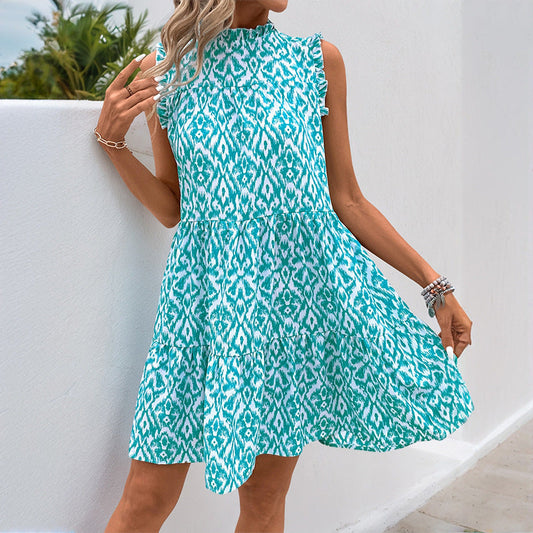 Vestido corto sin mangas con cuello redondo estampado de verano para mujer