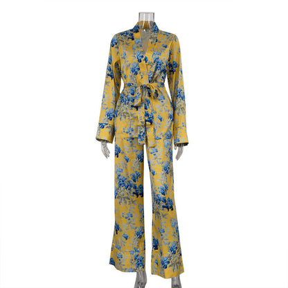 Conjunto de dos piezas de pantalones anchos de cintura alta con cordones y manga larga estampados de satén para otoño e invierno