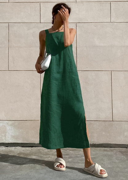 Capri Linen Dress – Open Back Maxi in Forest Green