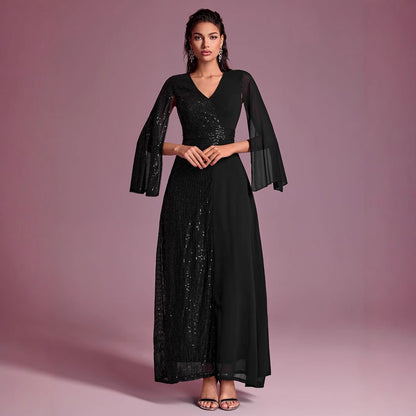 Women Prom Evening Dress Sequin Stitching V neck Split Long Sleeve Party Evening Dress