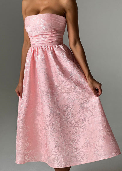 Blush Rosette – Strapless Jacquard Midi Dress with Corset Back