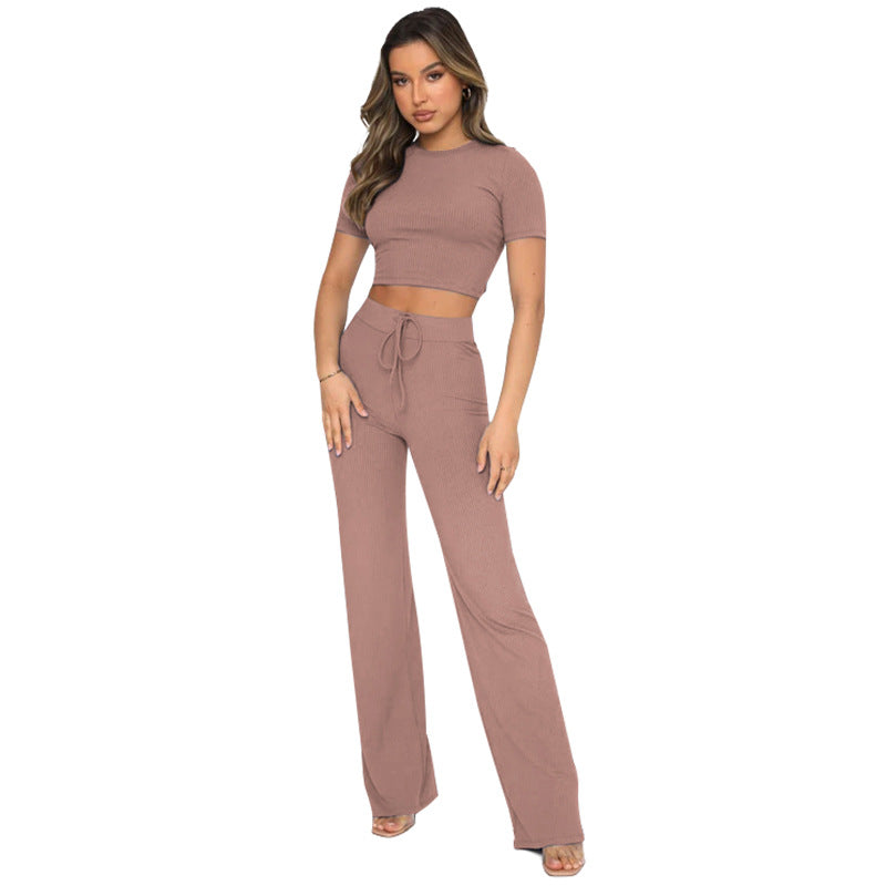 Conjunto informal de dos piezas para mujer, color liso, muy elástico, moldeador corporal, manga corta, rayas hundidas, pantalones de pierna ancha