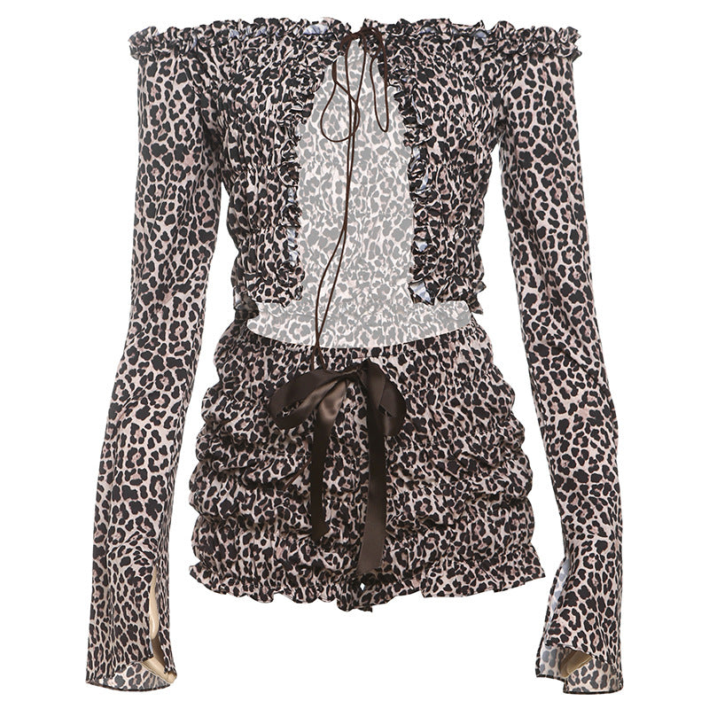 Autumn Winter Women Clothing Sexy Lacing Leopard Print Long Sleeve Cardigan Pleated Slim Shorts Two Piece Set for Women