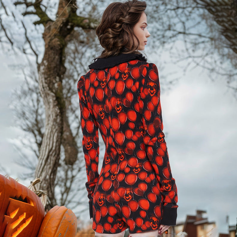 Mono de Halloween con diseño de globo y mueca de IA en color negro y rojo para mujer