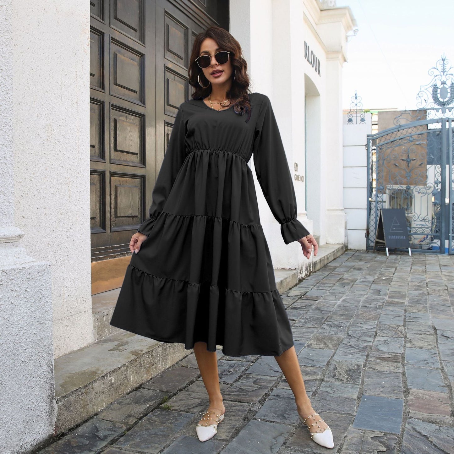 V neck Dress Flared Sleeves Long Sleeves Large Swing Dress Women Chiffon Summer Women Clothing