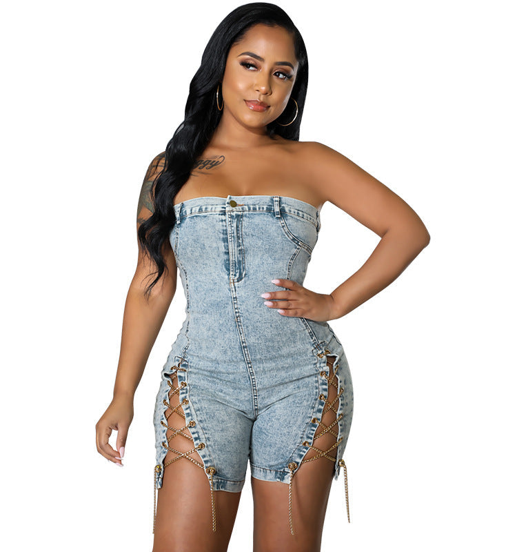 Women Clothing Spring Wear Copper Chain Sexy off-the-Shoulder Denim Dress Romper