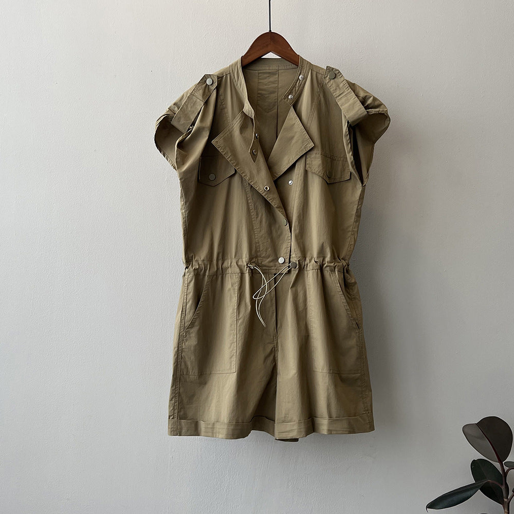 Mono cargo de cintura alta con cordón ajustable para mujer, mono camisero de verano con cuello alto y mangas voladoras