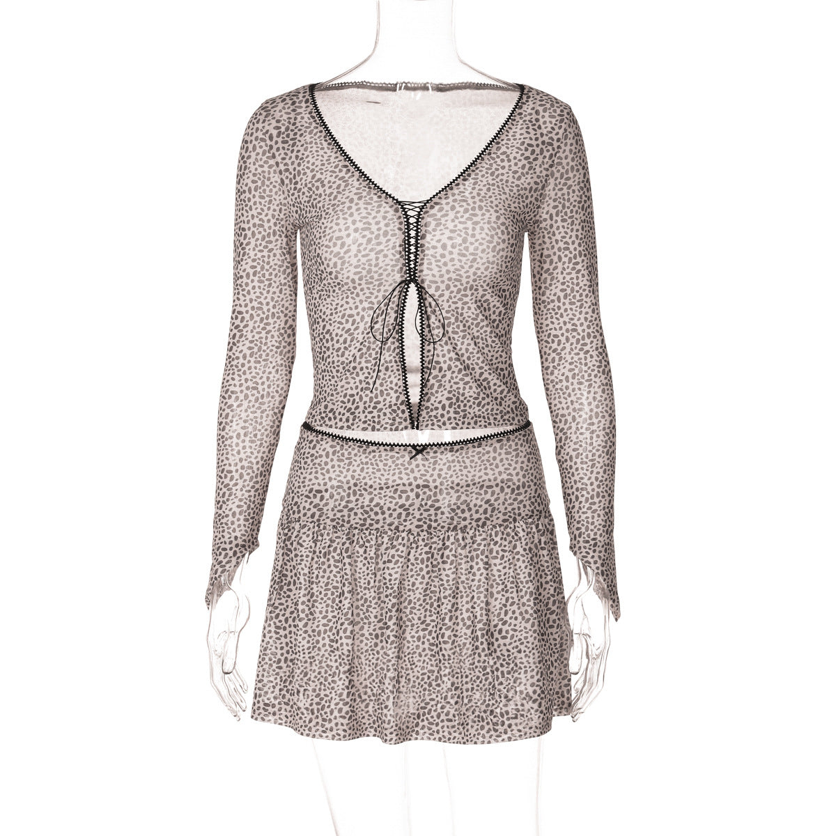 Women Summer Leopard Print Printed Sexy V neck Cardigan Strap Long Sleeved T shirt Miniskirt Set