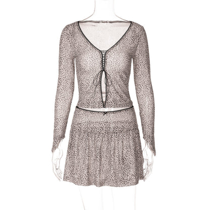 Women Summer Leopard Print Printed Sexy V neck Cardigan Strap Long Sleeved T shirt Miniskirt Set