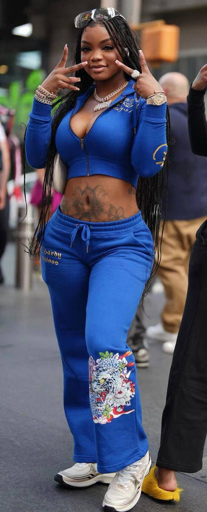 Conjunto de dos piezas para mujer, cárdigan corto básico con cremallera y estampado de calavera y corazón de Brand Street, pantalones rectos de cintura alta