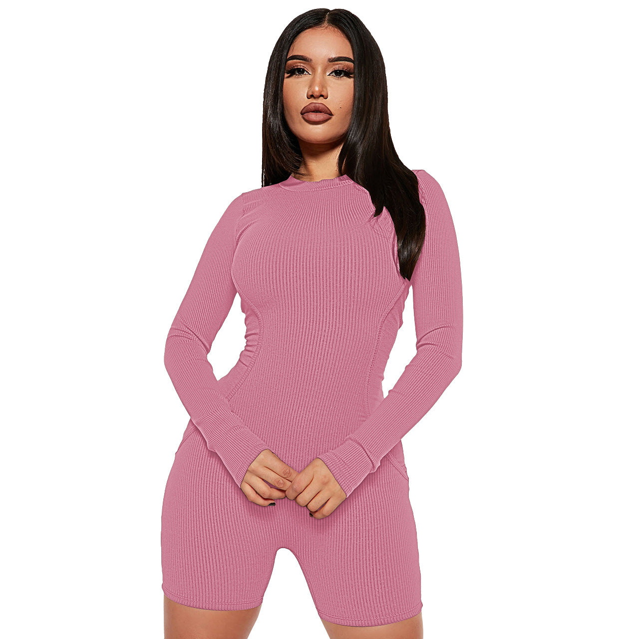 Women Clothing Spring Thread round Neck Stitching Line Casual Sports Romper