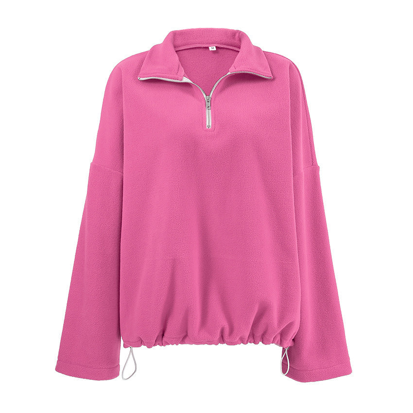 Autumn Winter Pink Collared Fleece Sweatshirt Women Lamb Wool Tops