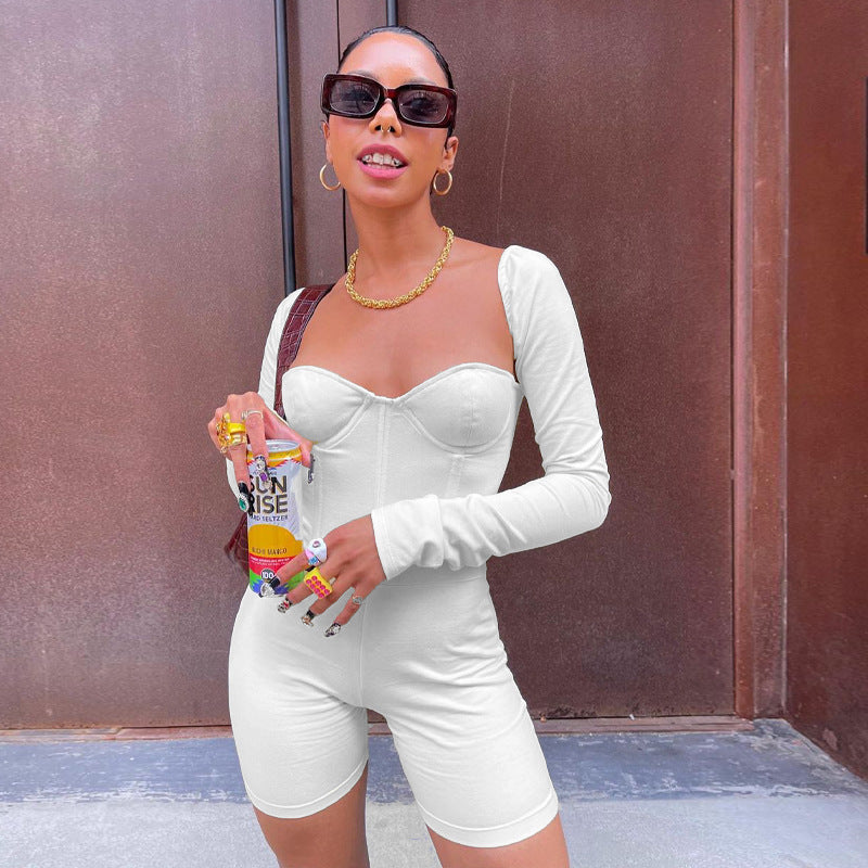 Mono ajustado de primavera para mujer, sexy, de corte bajo, manga larga y cintura alta