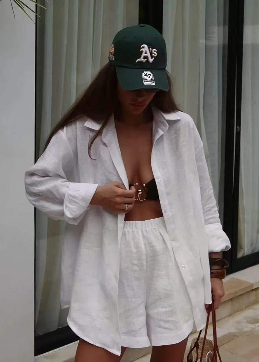 Isla – White Linen Shirt and Shorts Set