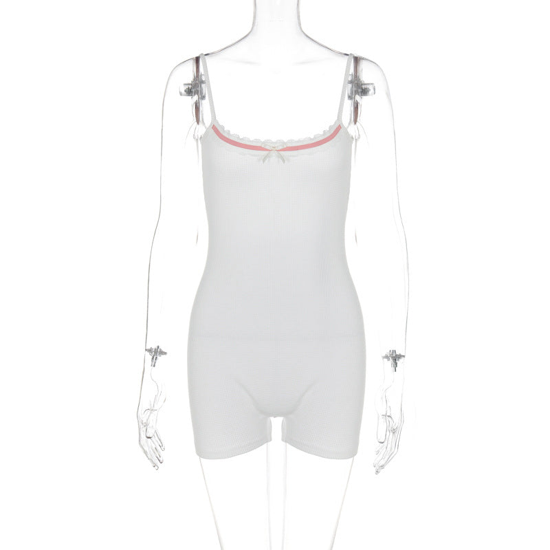 Women Clothing Solid Color Slim-Fit Girl Chest Patchwork Bow Backless Suspender Women Romper