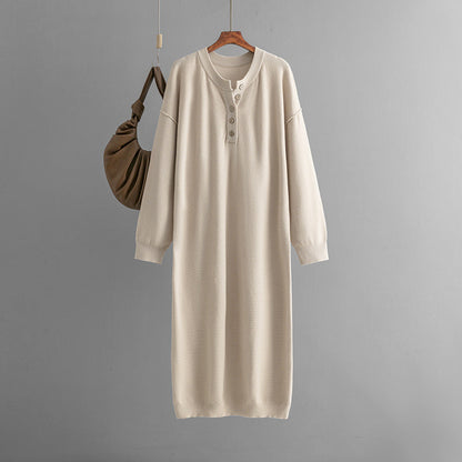 Autumn Winter Button Knitwear Dress Solid Color Loose Casual Sweater Women