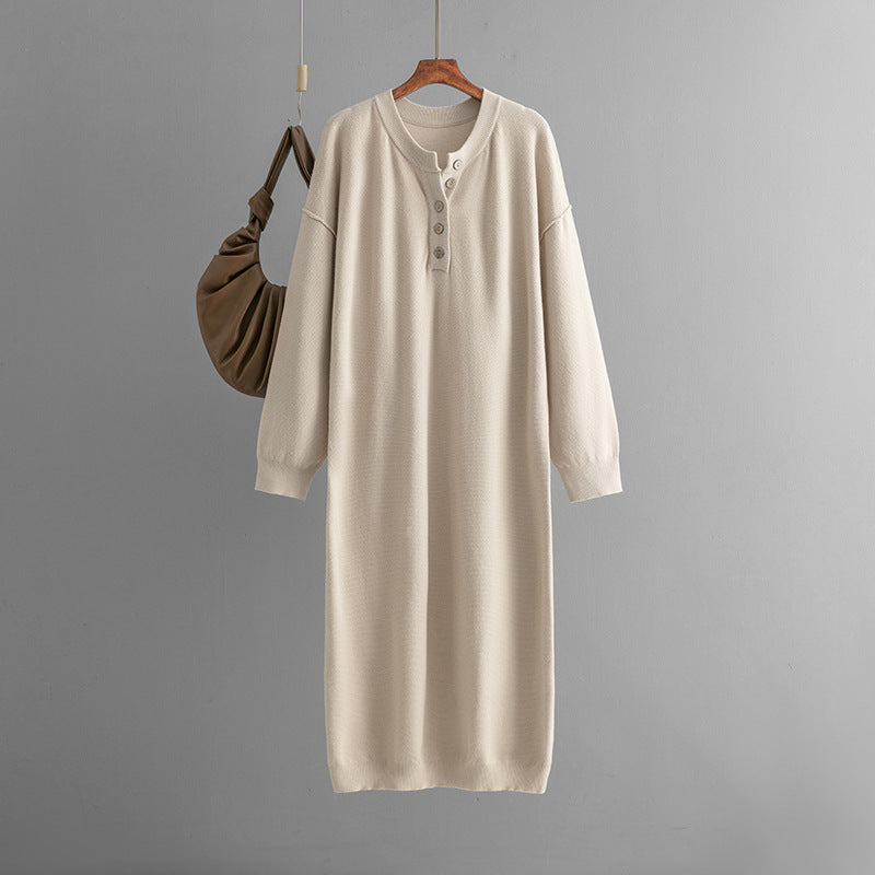 Autumn Winter Button Knitwear Dress Solid Color Loose Casual Sweater Women